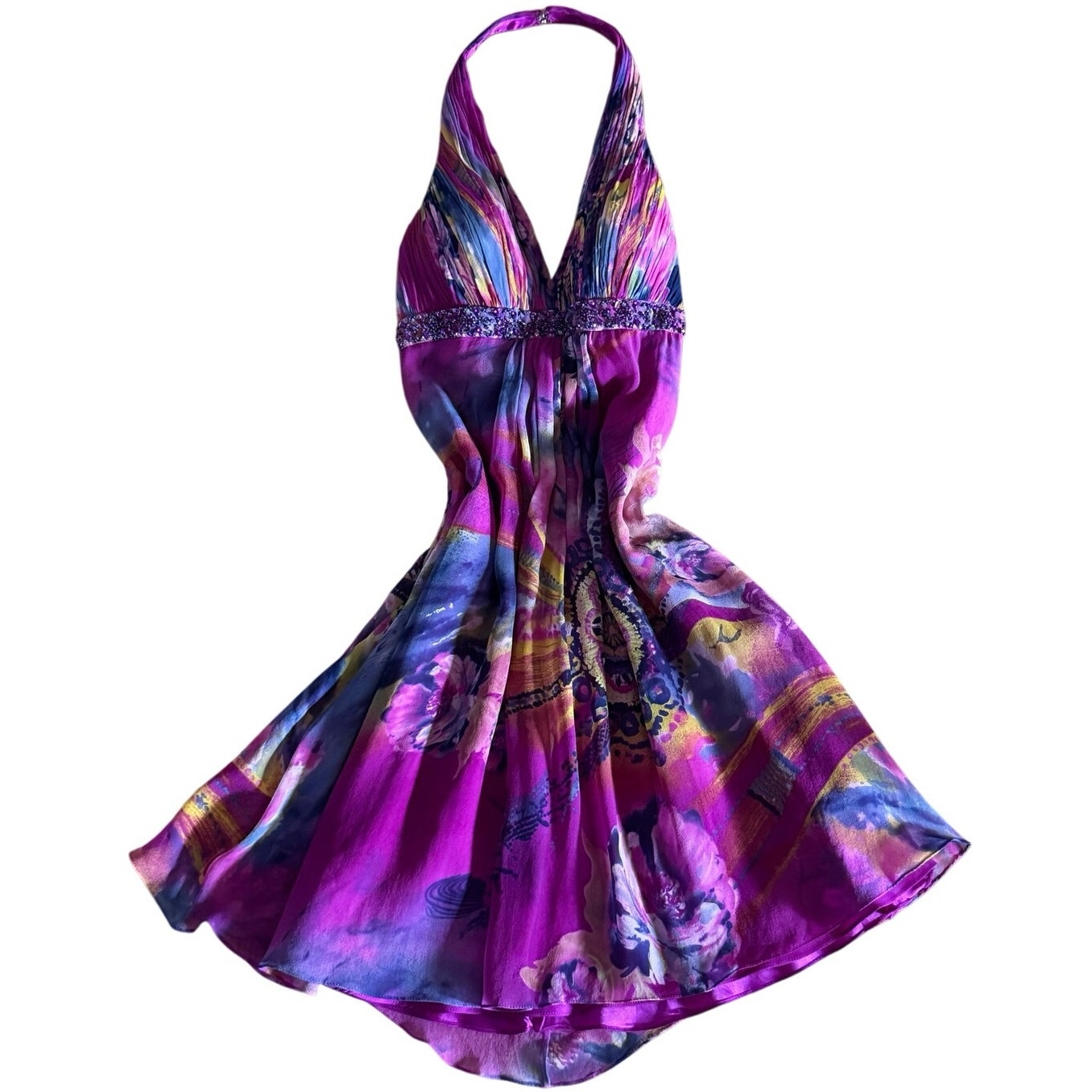 Y2k Rare Cache Pink Colorful Vibrant Beaded Halter Silk Dress Sz 6 Fairycore Vtg